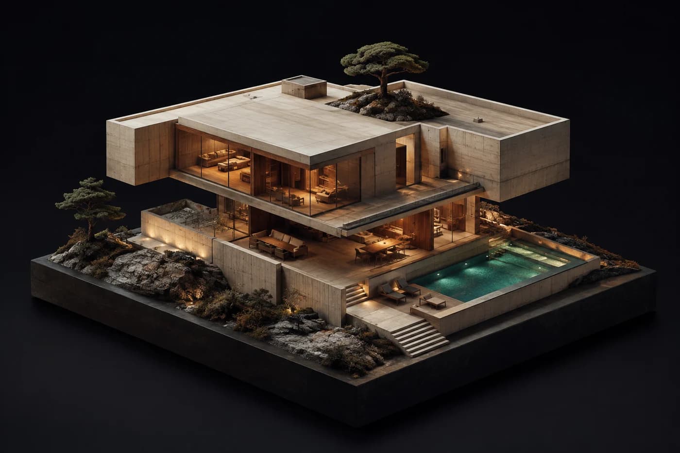 Architectural concept render of a warm concrete house with a rooftop pine and pool