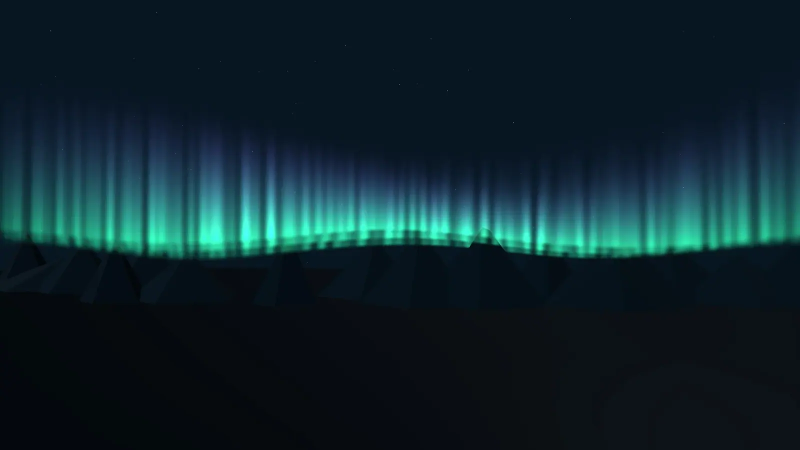 Layers of green and violet aurora drift above an angular northern landscape.