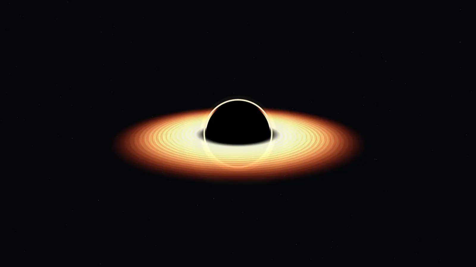An imagined black hole surrounded by a luminous accretion disk and a distant star field.