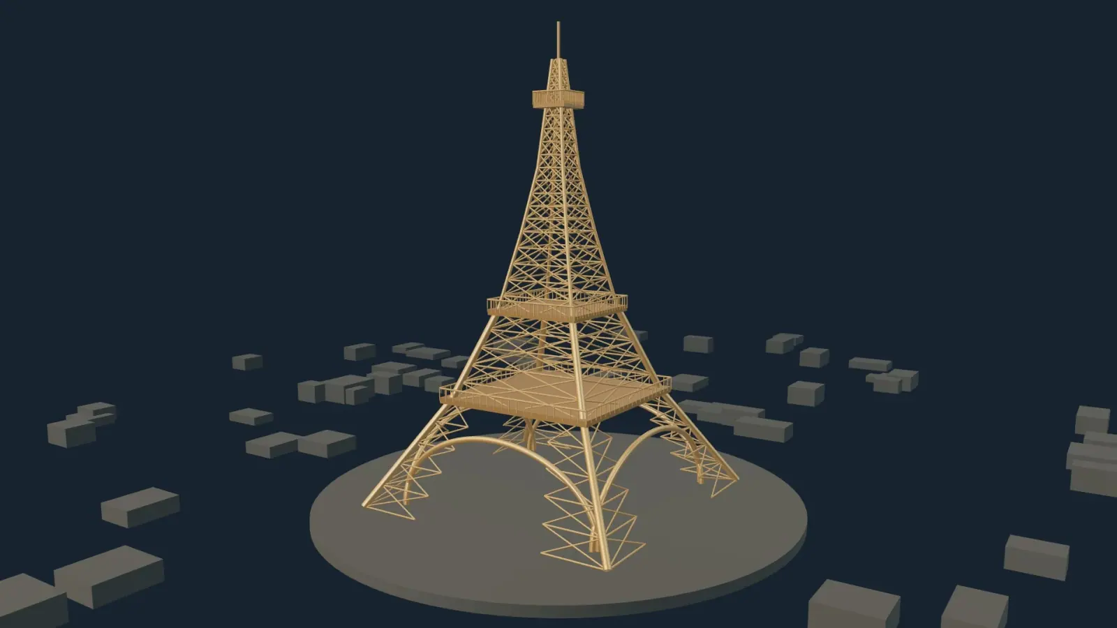 A warm brass interpretation of the Eiffel Tower, from its full silhouette to the latticework beneath its arches.