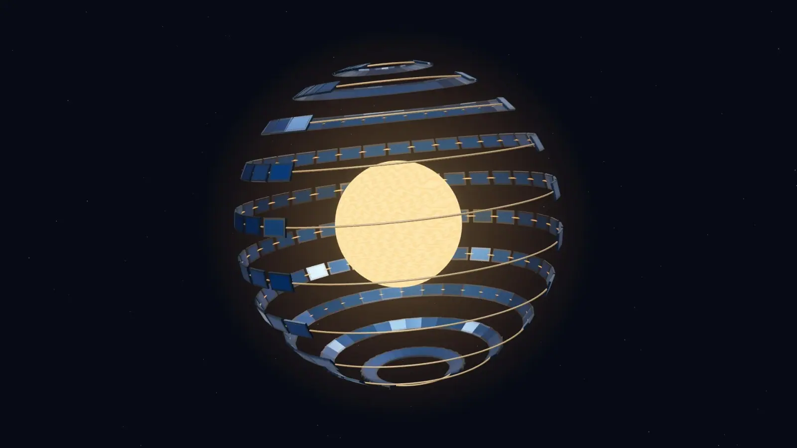 A speculative solar collector unfolds around a luminous star. An impossible engineering dream, made explorable.
