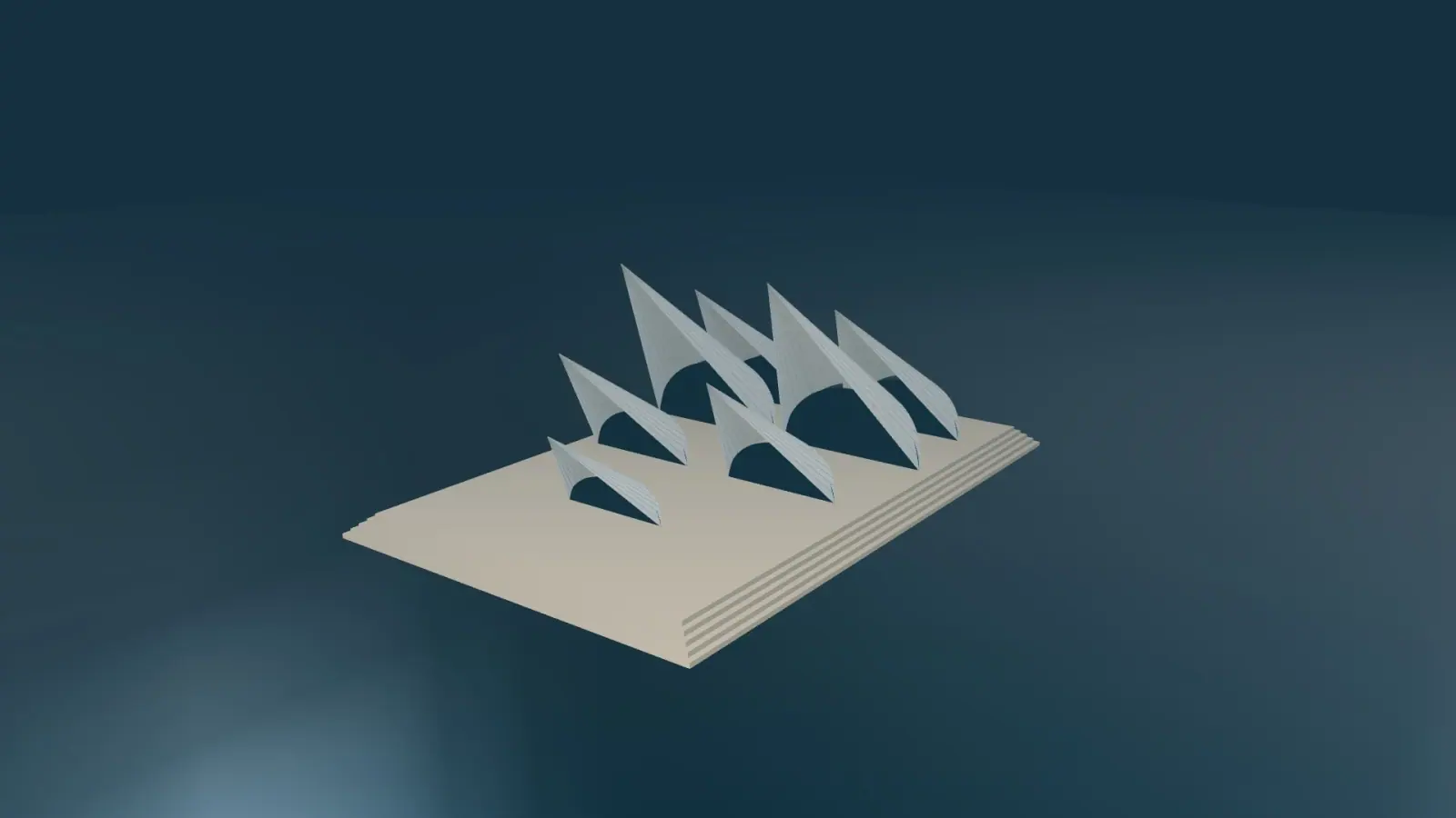 A sculptural study inspired by the Sydney Opera House, with ribbed white shells above a harbour platform.
