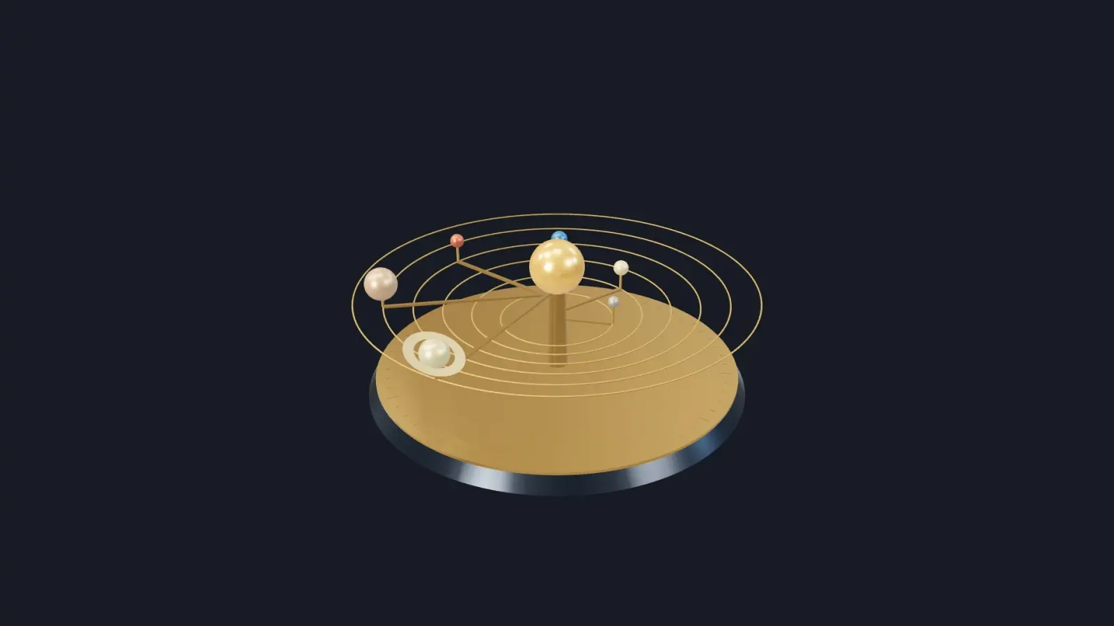 A brass orrery turns six small planets around a luminous sun, with orbital rings and delicate mechanical arms.