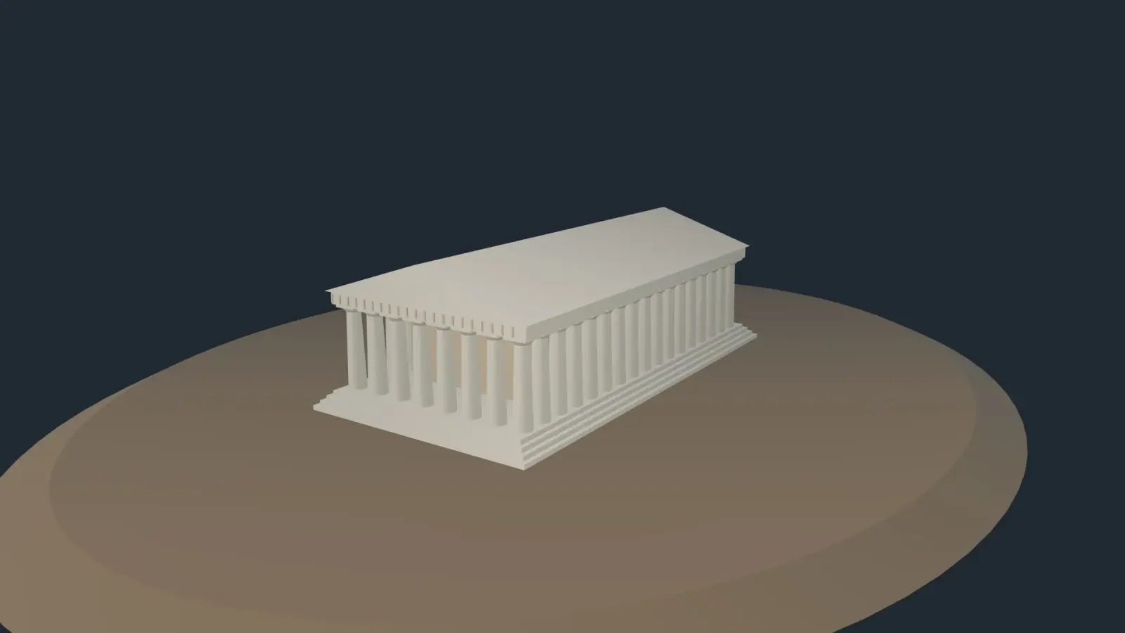 An imagined intact Parthenon, with marble colonnades, stepped foundations and a temple roof.