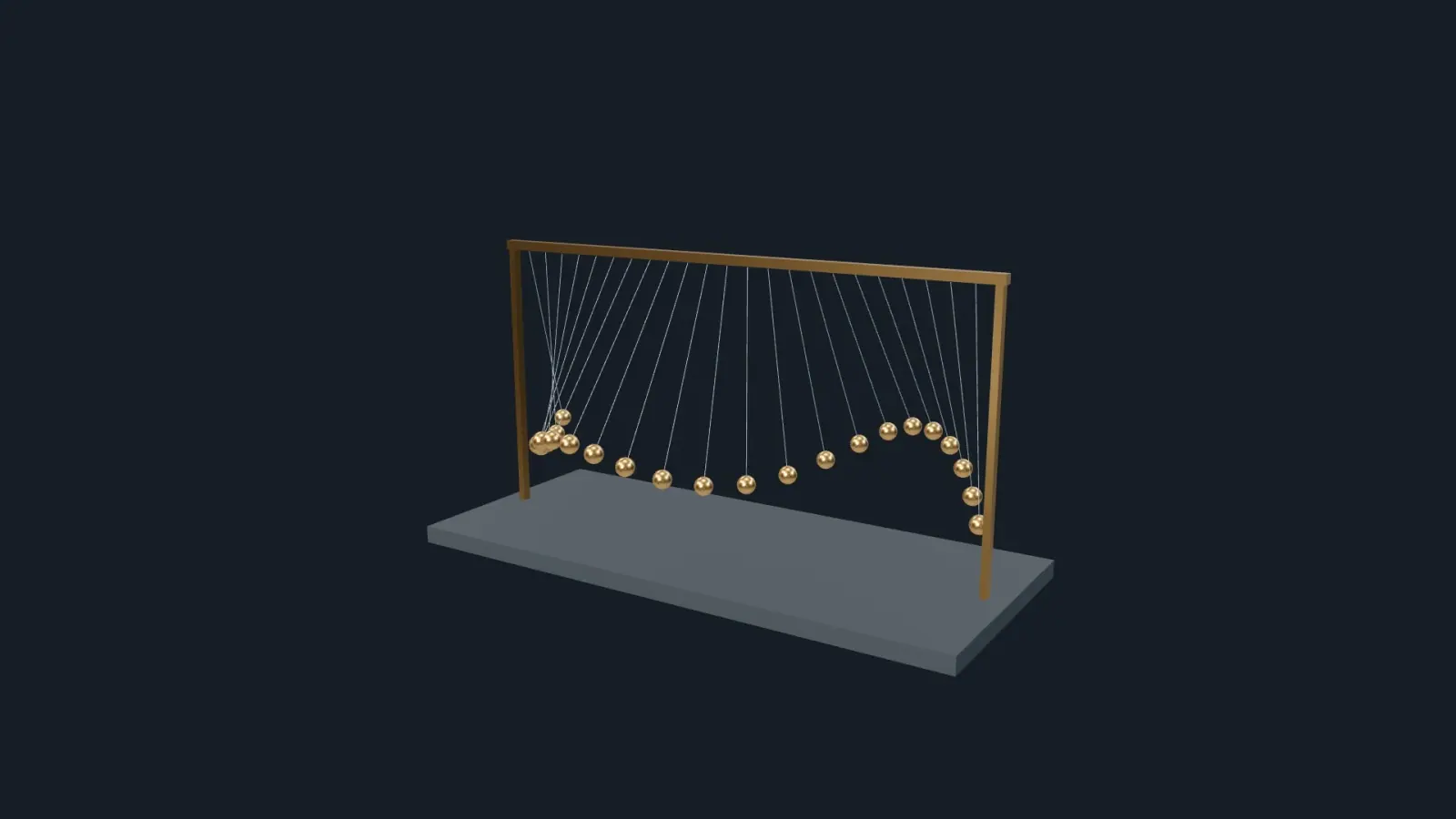 In Good Time: Twenty-three brass pendulums trace a shifting wave above a dark sculptural plinth.